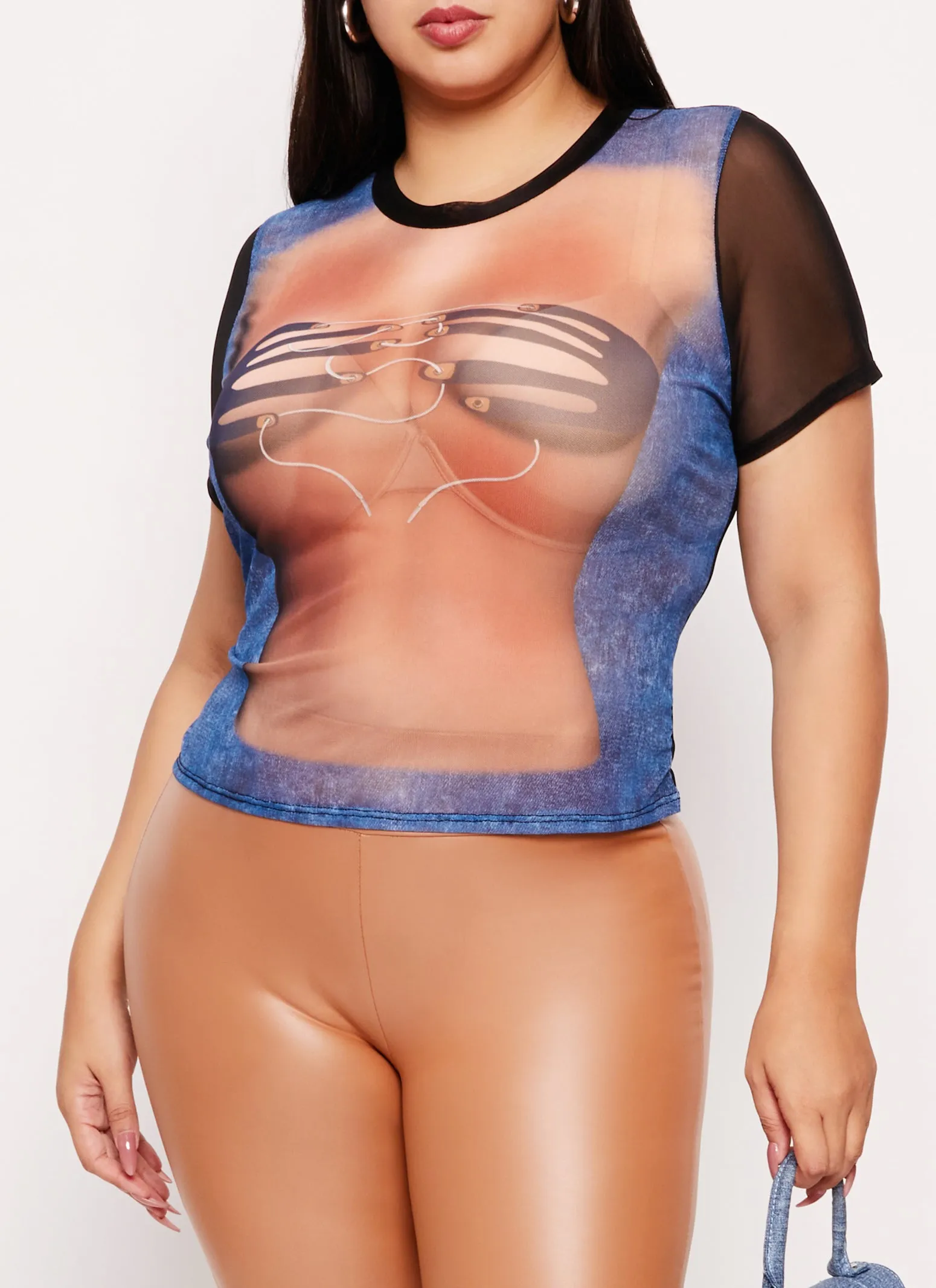 Plus Size Mesh Denim Hand Print Tee sold by Rainbow