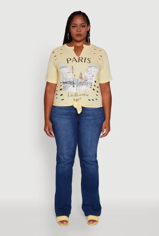 Plus Size Laser Cut Knot Front Paris Graphic Tee sold by Rainbow