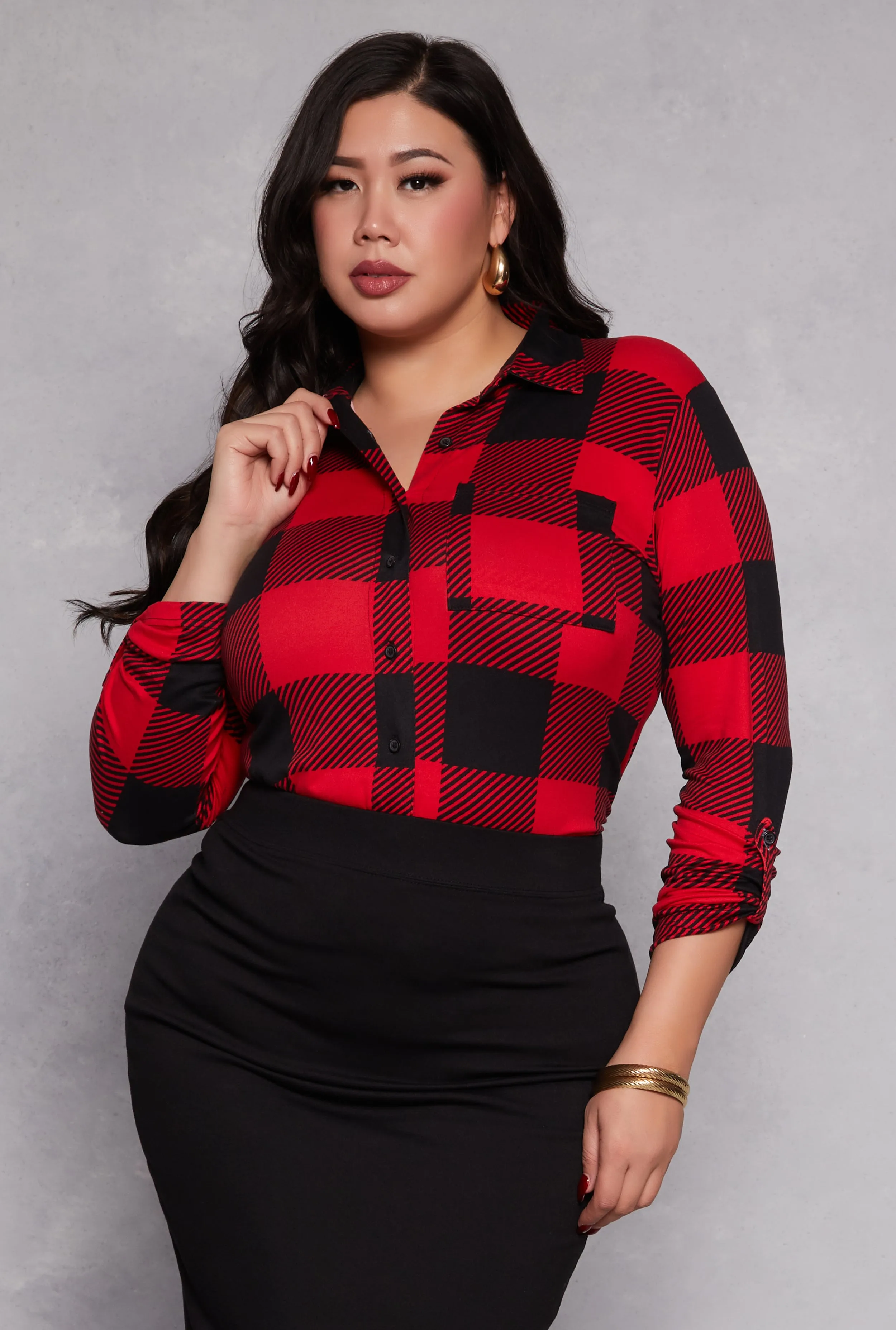 Plus Size Buffalo Plaid Tabbed Sleeve Shirt sold by Rainbow product image thumbnail 2