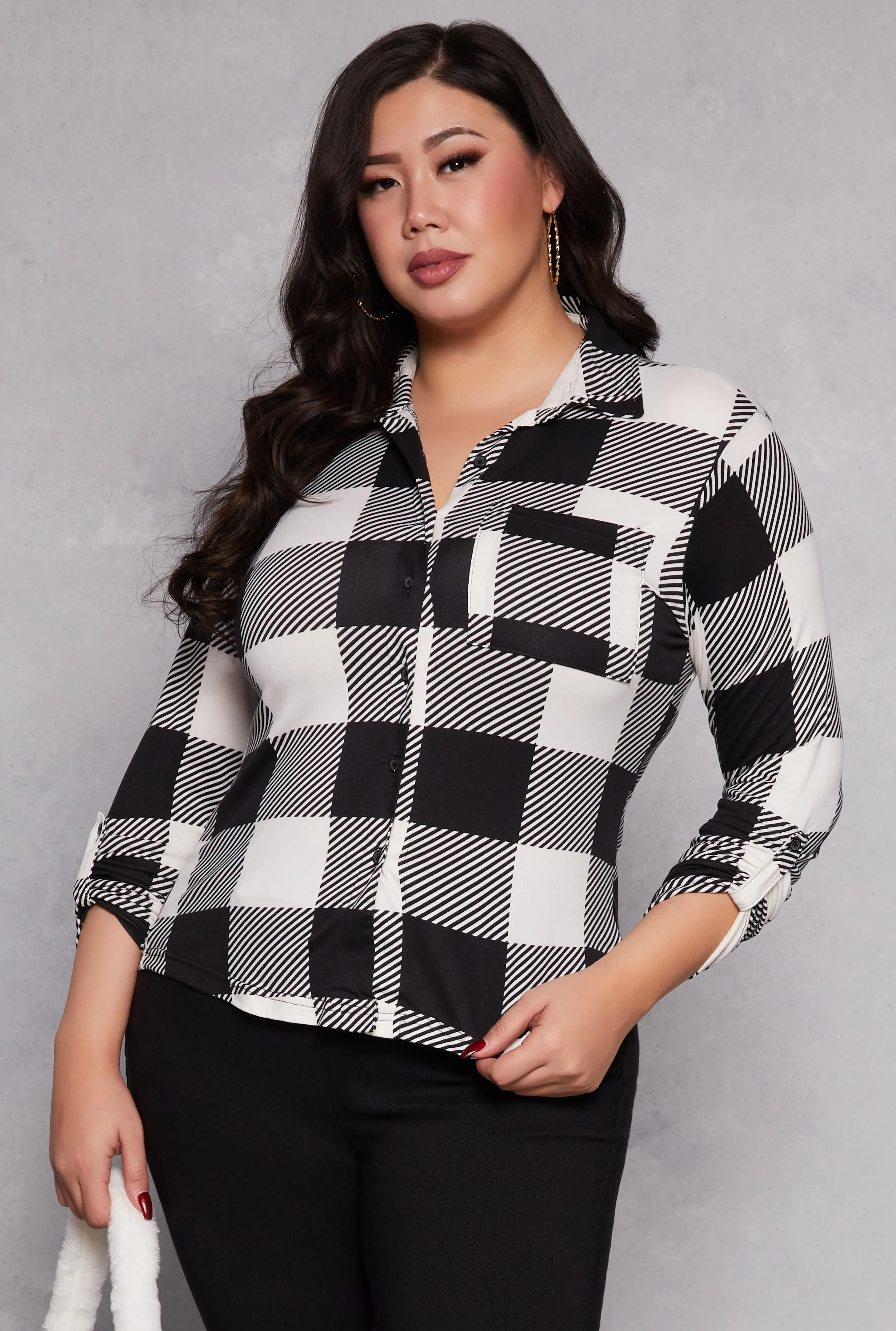 Plus Size Buffalo Plaid Tabbed Sleeve Shirt sold by Rainbow
