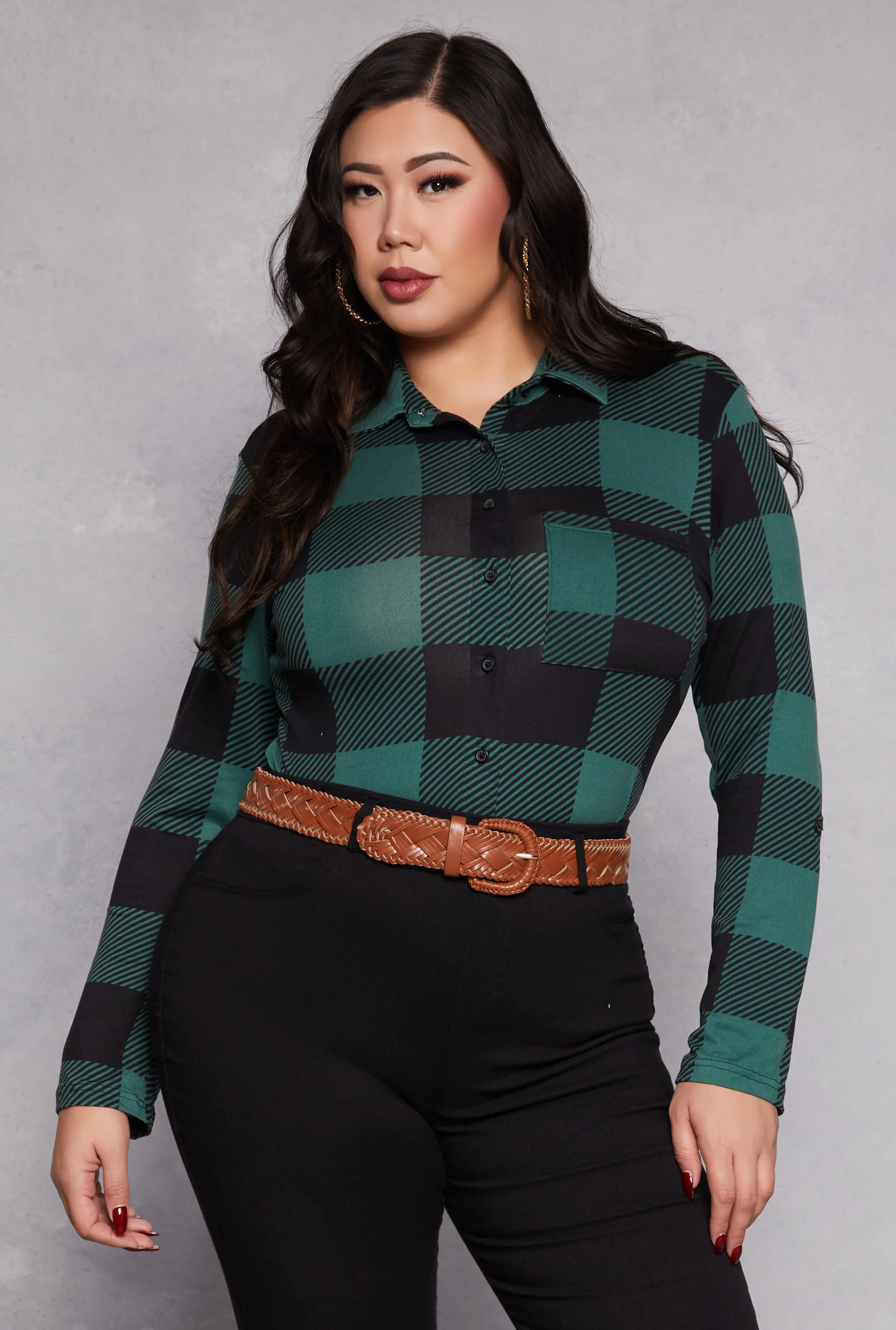 Plus Size Buffalo Plaid Tabbed Sleeve Shirt sold by Rainbow product image thumbnail 3