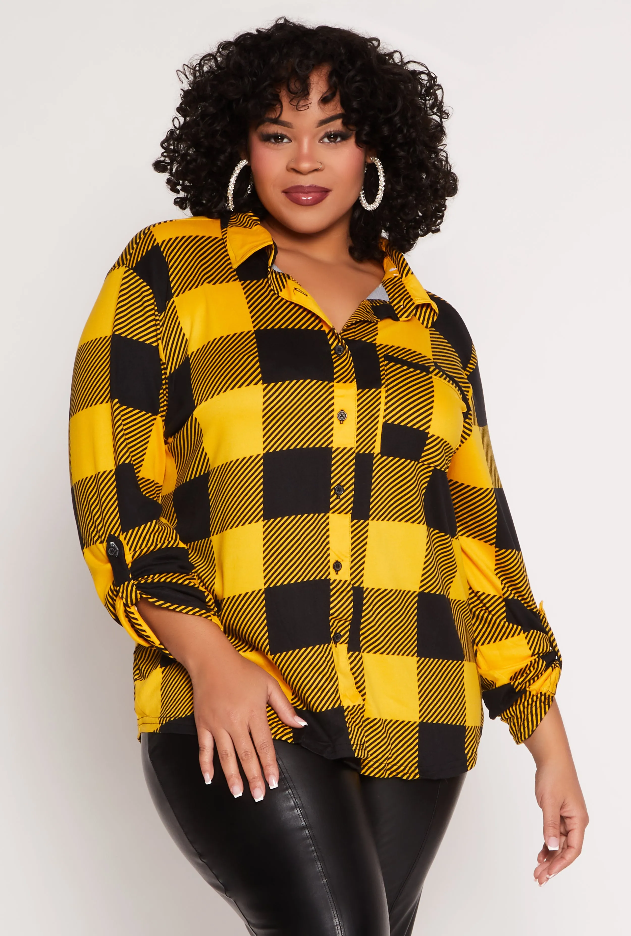 Plus Size Buffalo Plaid Tabbed Sleeve Shirt sold by Rainbow product image thumbnail 4