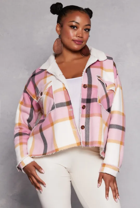 Plus Size Plaid Sherpa Lined Raw Hem Shacket sold by Rainbow