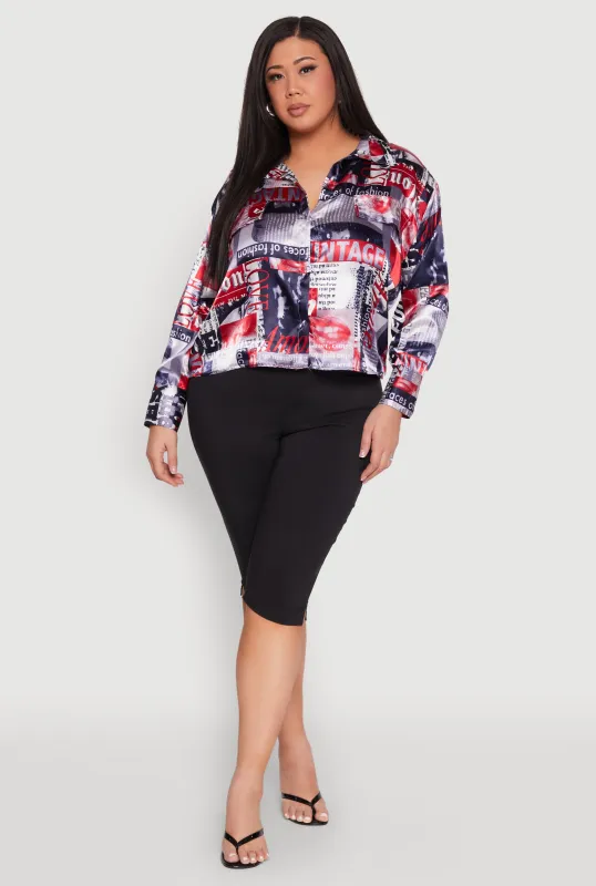 Plus Size Newspaper Print Satin Shirt sold by Rainbow