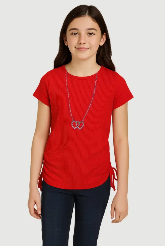 Girls Ribbed Knit Tee with Double Heart Rhinestone Necklace sold by Rainbow