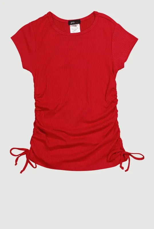 Little Girls Chic Ribbed Knit Short Sleeve Crew Neck Top with Faux Drawstring sold by Rainbow