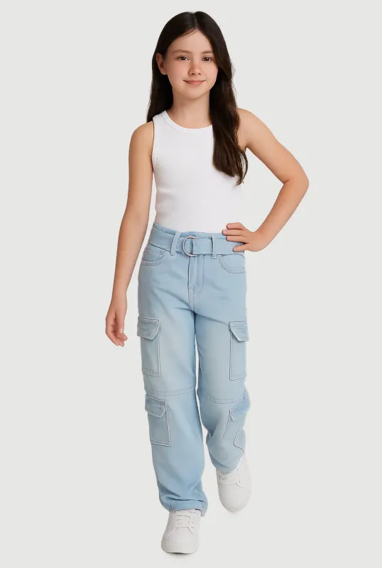 Girls D Ring Belted Cargo Straight Leg Jeans sold by Rainbow