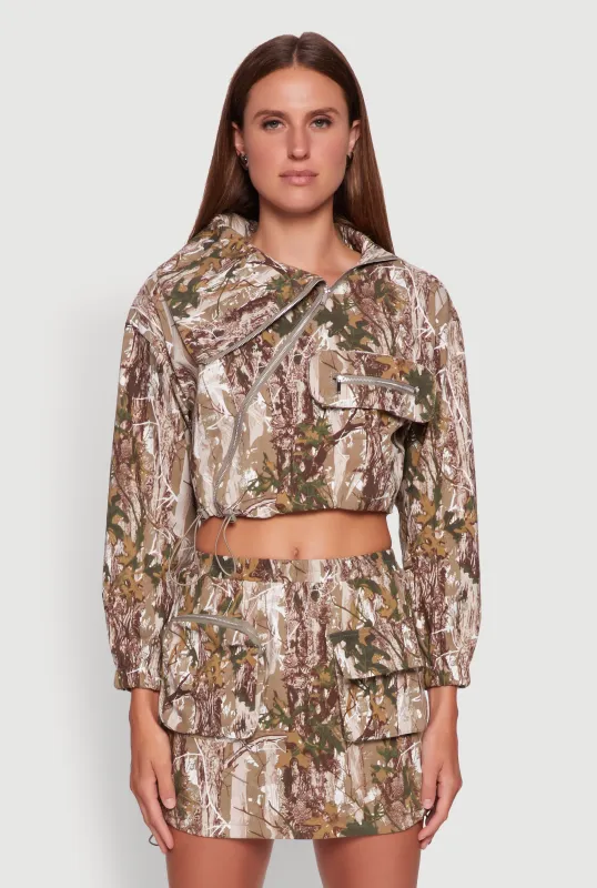 Hunter Camo Drawstring Hem Zip Neck Cropped Jacket sold by Rainbow