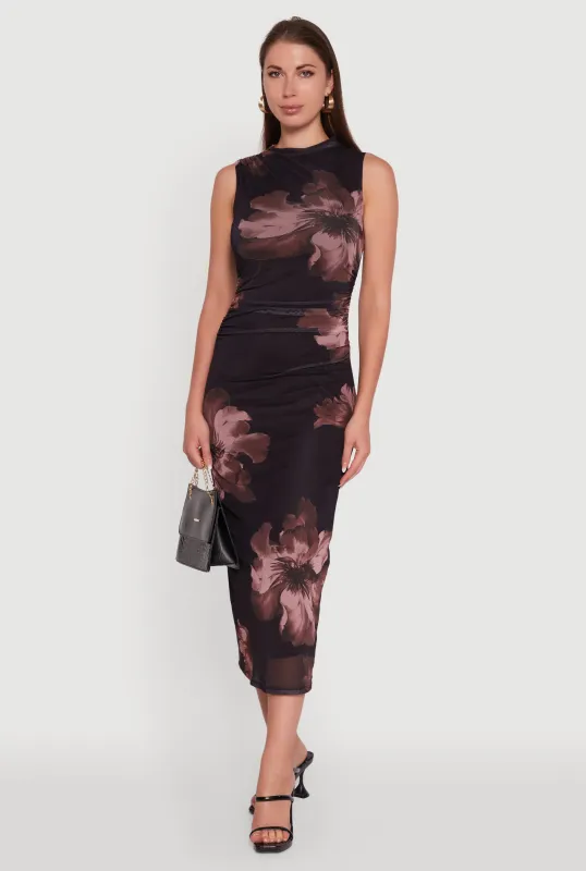Madden Girl Floral Mesh Mock Neck Ruched Side Midi Dress sold by Rainbow