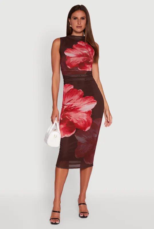 Madden Girl Floral Mesh Ruched Side Midi Dress sold by Rainbow