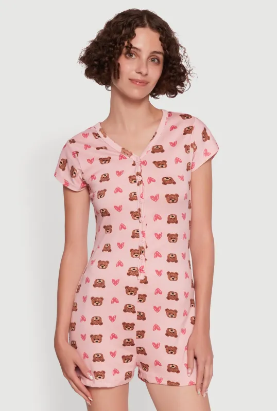 Relax Teddy Bear Heart Print Pajama Romper sold by Rainbow