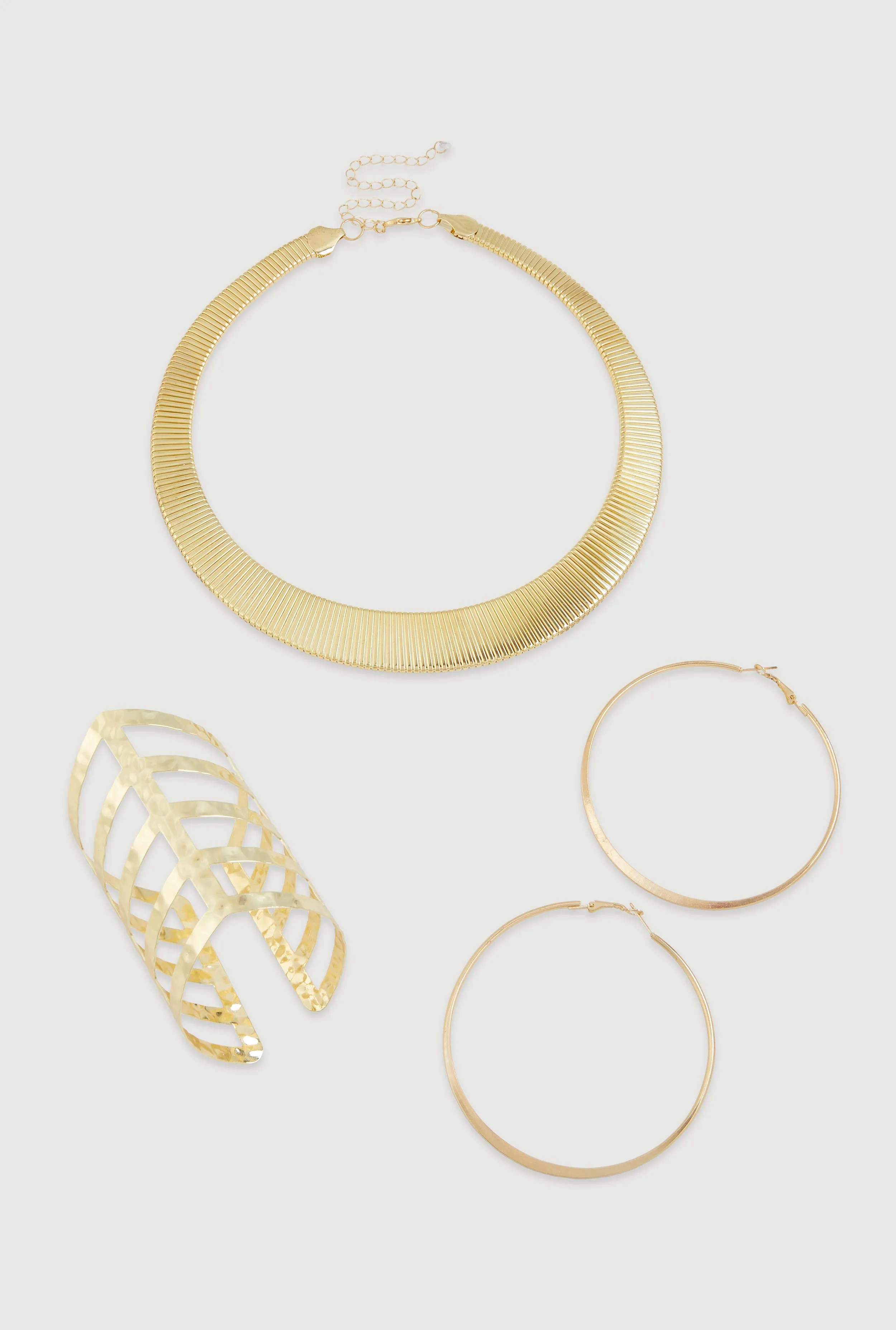 Trendy Metallic Hoop Earrings and Chocker with Cuff Bracelet 3-Piece Set sold by Rainbow product image thumbnail 2