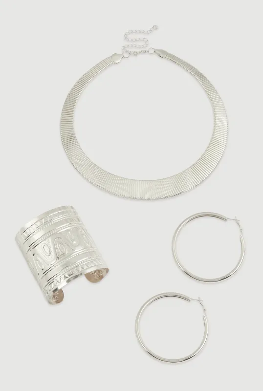 Metallic Hoop Earrings and Choker Necklace with Cuff Bracelet 3 Piece Set sold by Rainbow