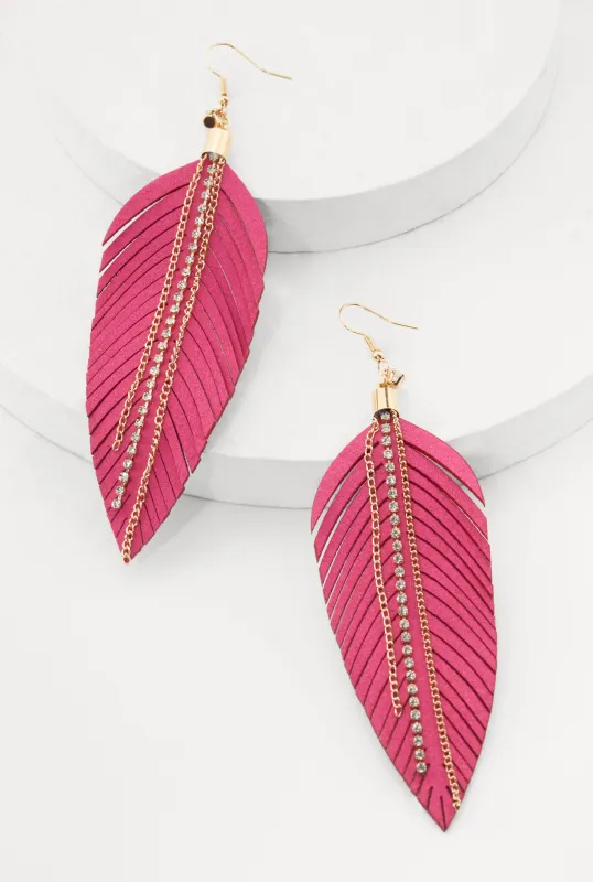 Faux Leather Rhinestone Chain Leaf Earrings sold by Rainbow