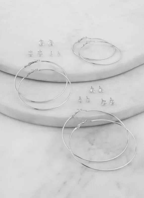 Cubic Zirconia Stud Earrings and Hoop Earrings Set of 9 sold by Rainbow