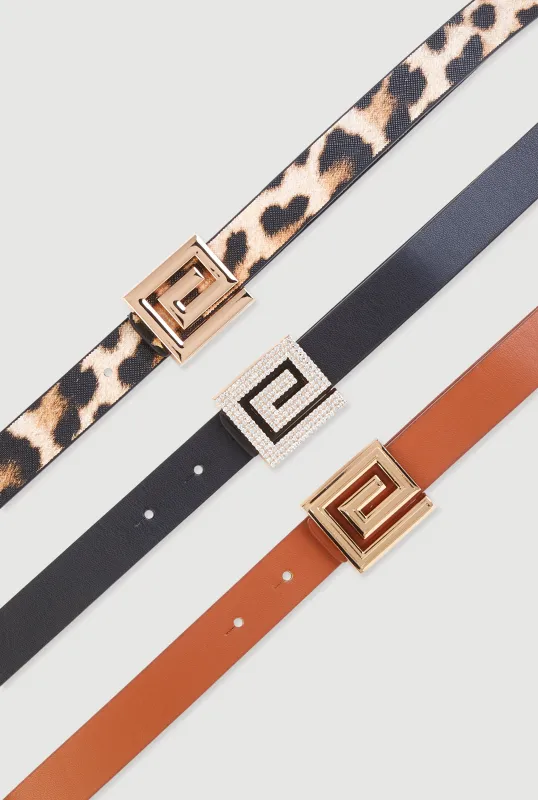 Greek Key Buckle Faux Leather Belts 3 Pack sold by Rainbow
