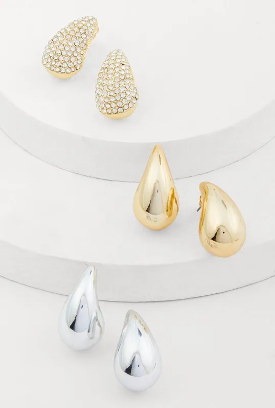 Metallic Rhinestone Teardrop Stud Earrings Set of 3 sold by Rainbow