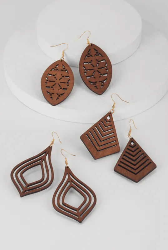 Assorted Wooden Geometric Laser Cut Drop Earring Set of 3 sold by Rainbow