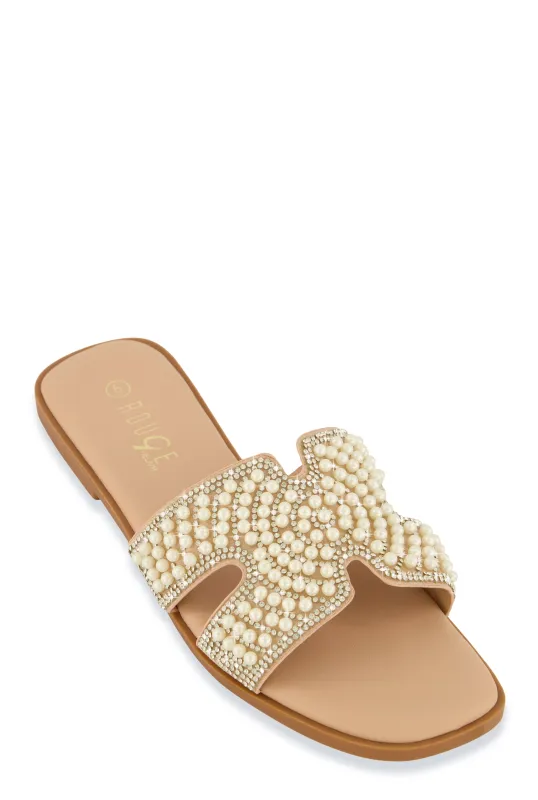 Rhinestone Faux Pearl H Band Slide Sandals sold by Rainbow