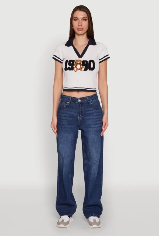 Varsity Striped Embroidered 1990 Bear Graphic Polo Shirt sold by Rainbow