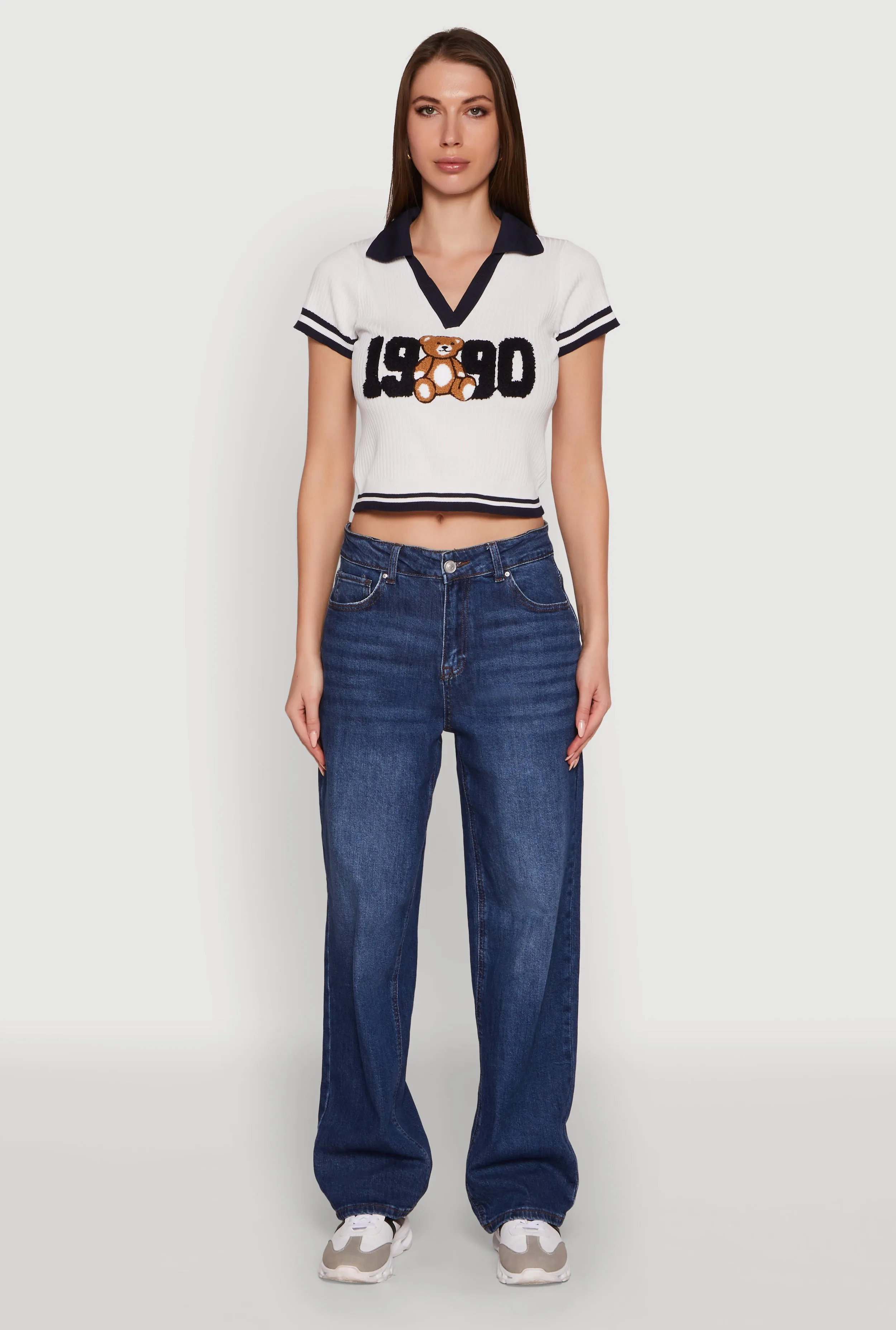 Varsity Striped Embroidered 1990 Bear Graphic Polo Shirt sold by Rainbow