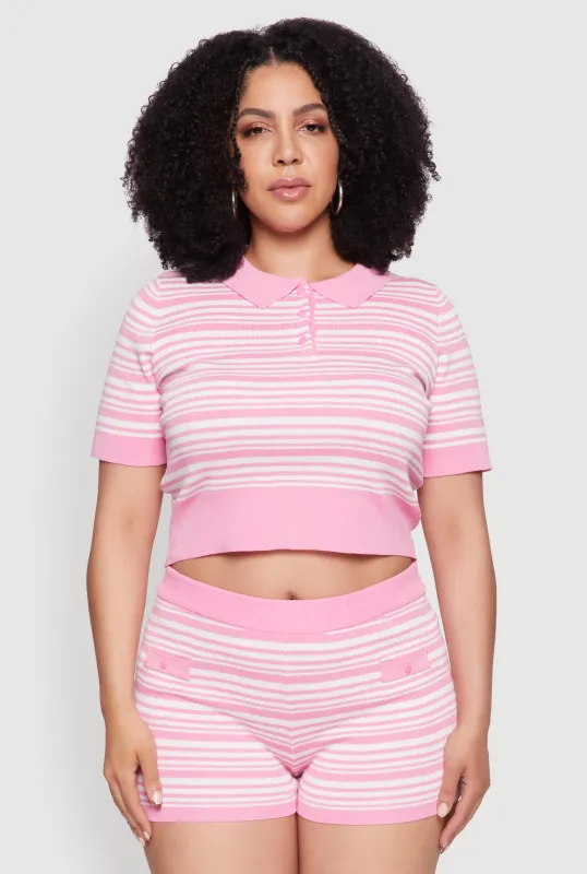 Plus Size Daisy Striped Cropped Polo Shirt sold by Rainbow