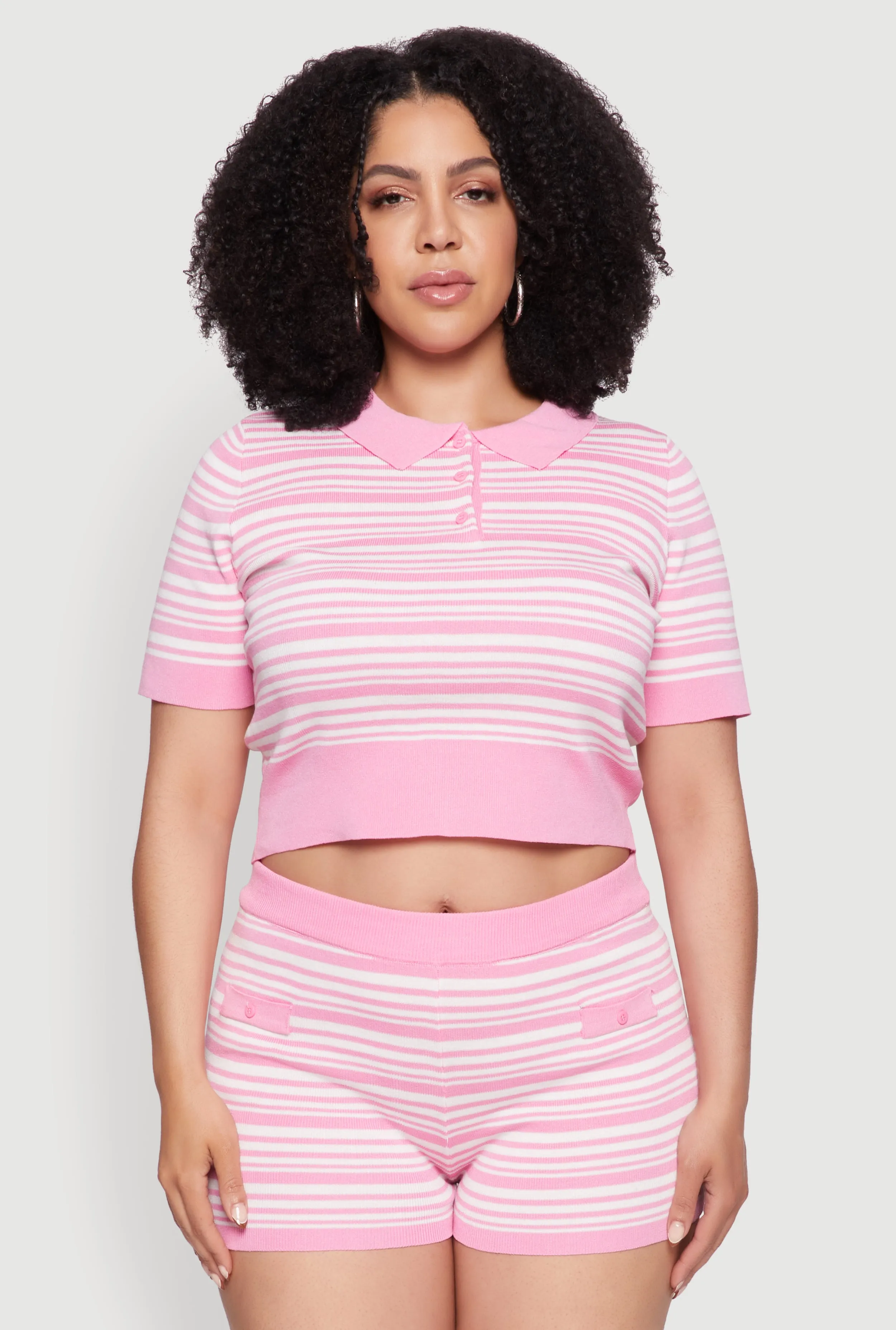 Plus Size Daisy Striped Cropped Polo Shirt sold by Rainbow