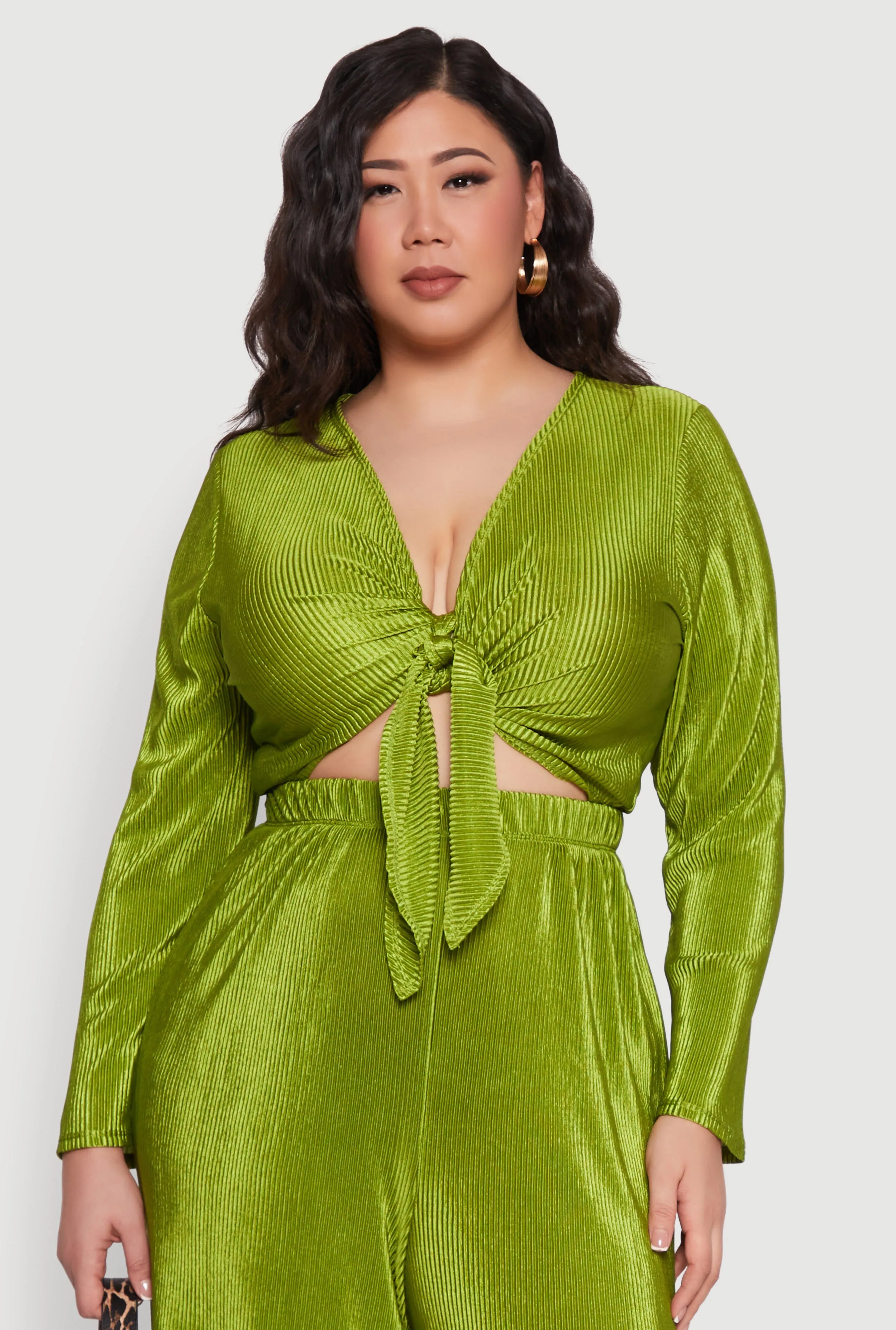 Plus Size Plisse Tie Front Crop Top sold by Rainbow