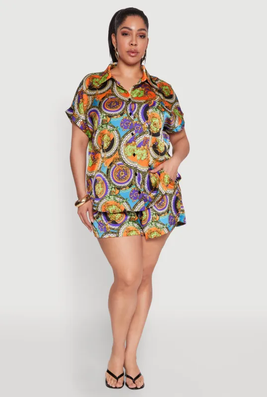 Plus Size Smocked Chain Print Shorts sold by Rainbow