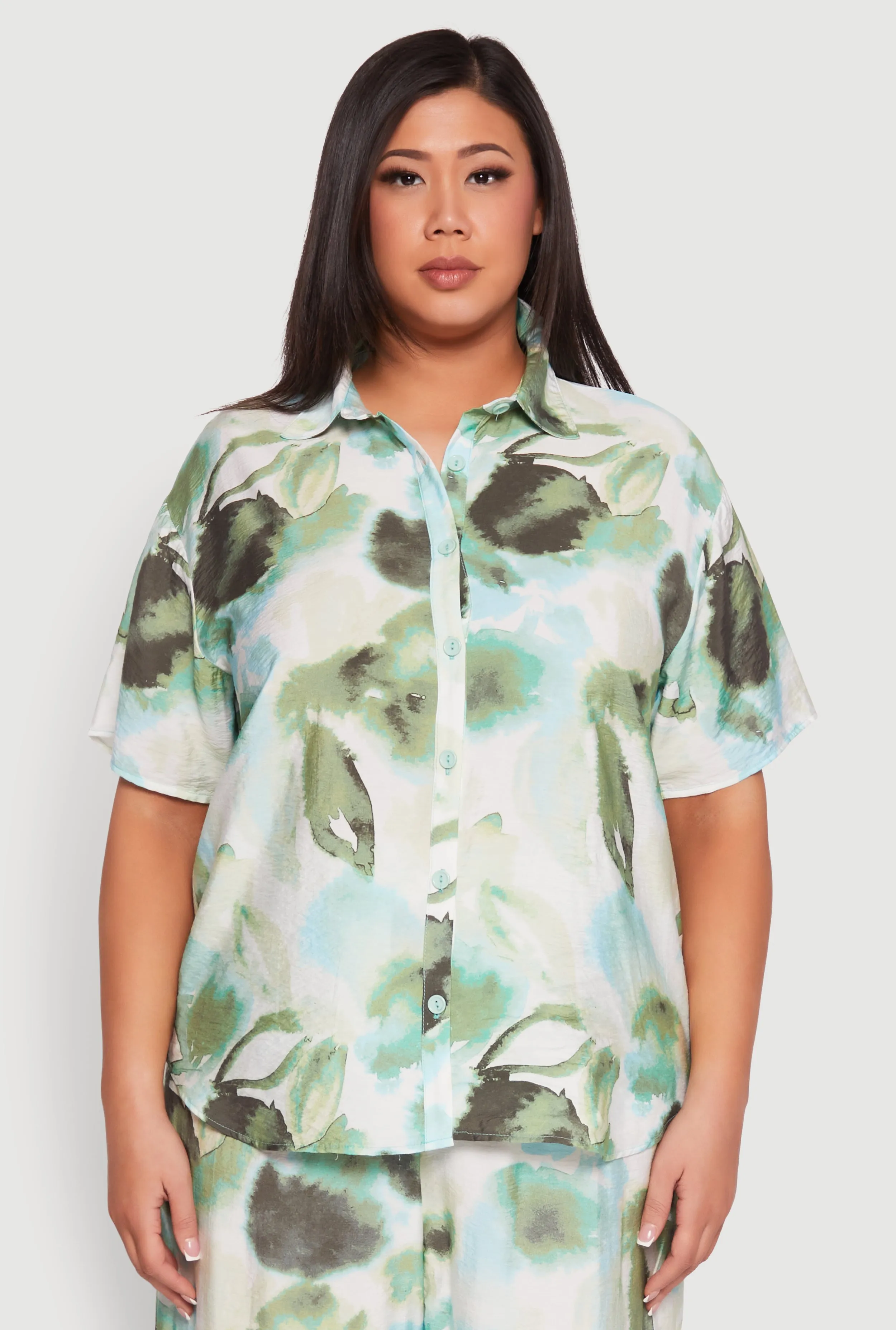 Plus Size Abstract Leaf Print Blouse sold by Rainbow