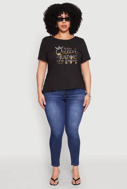 Plus Size Just A Queen 3D Foil Graphic Tee sold by Rainbow