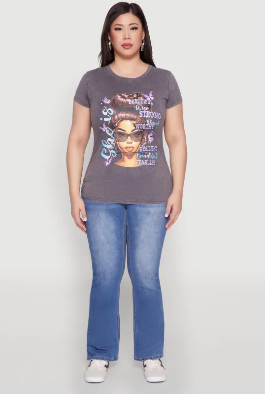 Plus Size Mineral Wash She Is Graphic Tee sold by Rainbow