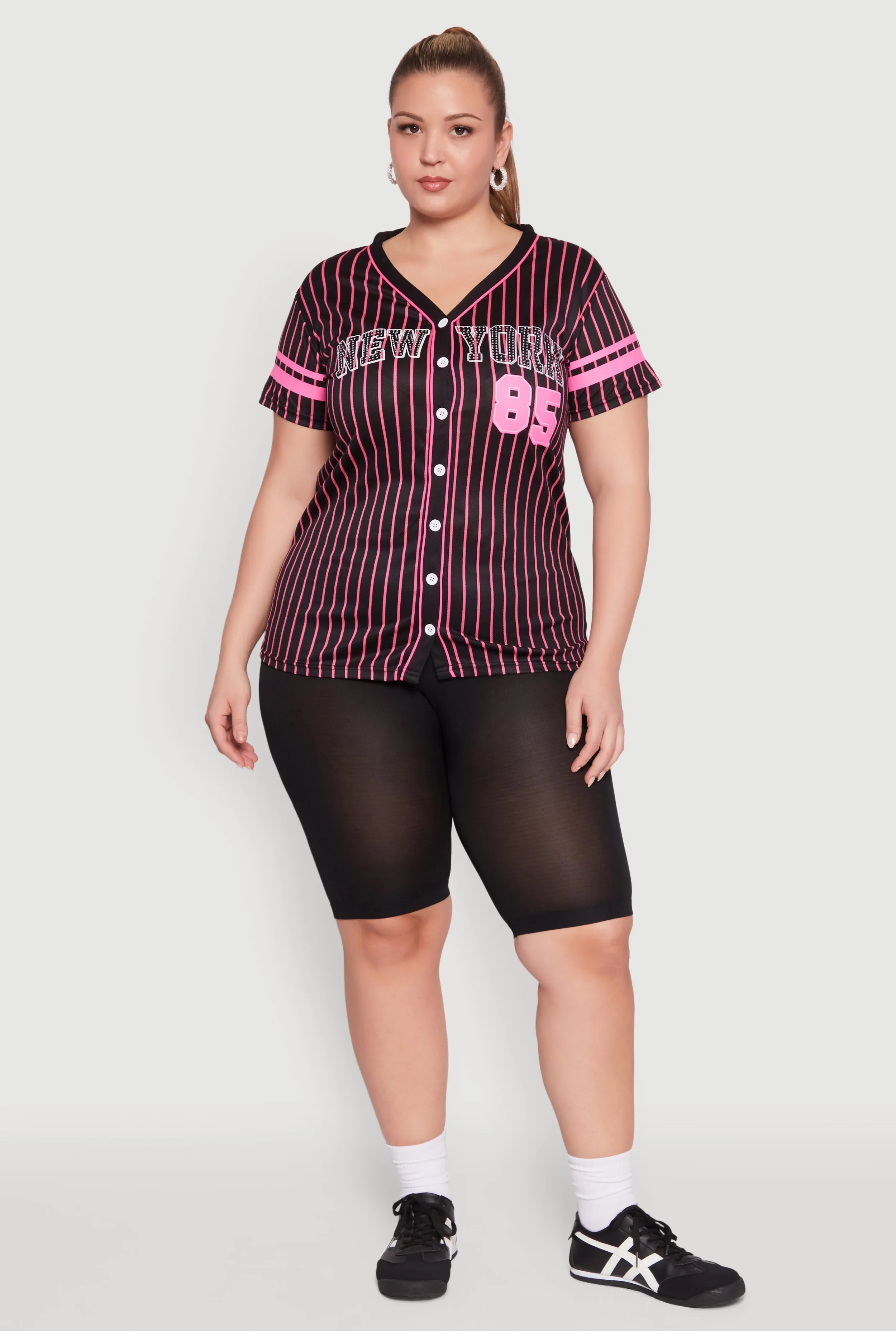 Plus Size Striped New York Print Jersey Mesh Tee sold by Rainbow