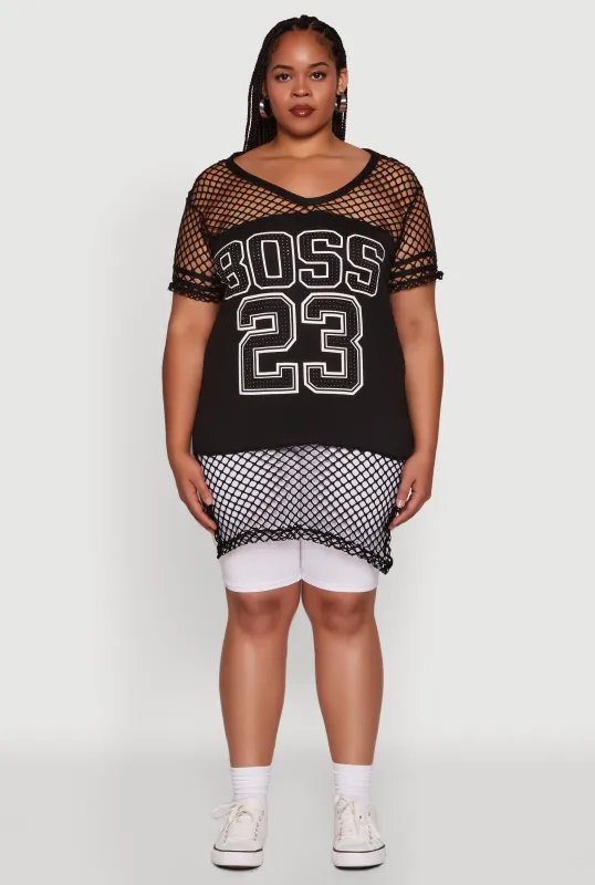 Plus Size Fishnet Boss 23 Rhinestone Graphic Top with Varsity Stripe Details sold by Rainbow