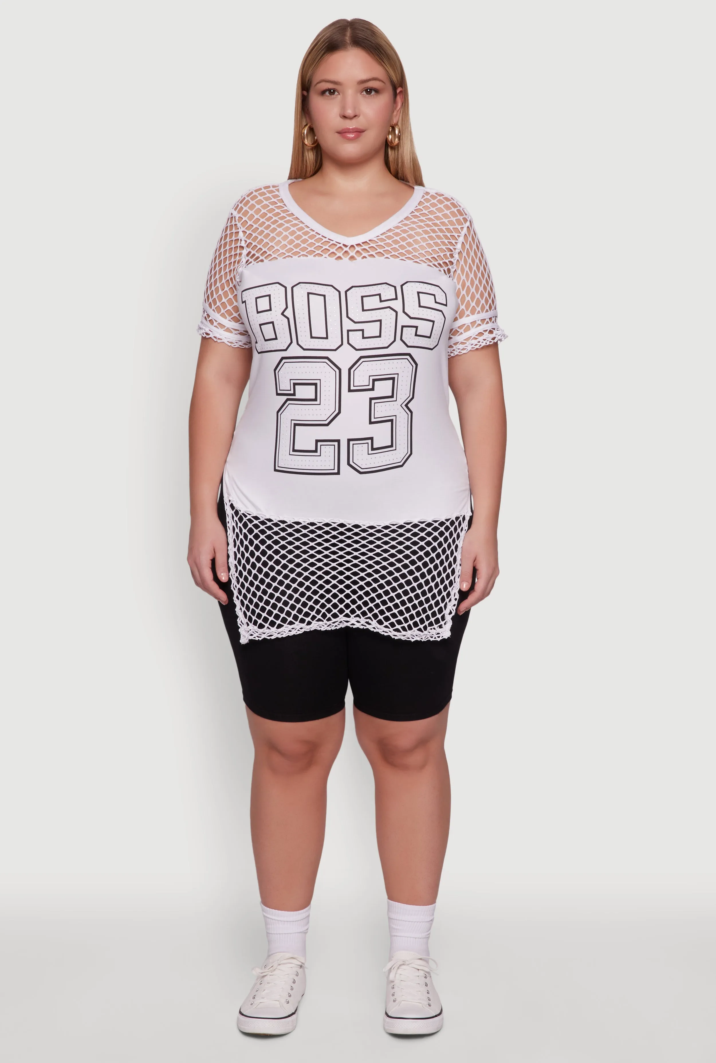 Plus Size Fishnet Boss 23 Rhinestone Graphic Top with Varsity Stripe Details sold by Rainbow product image thumbnail 3