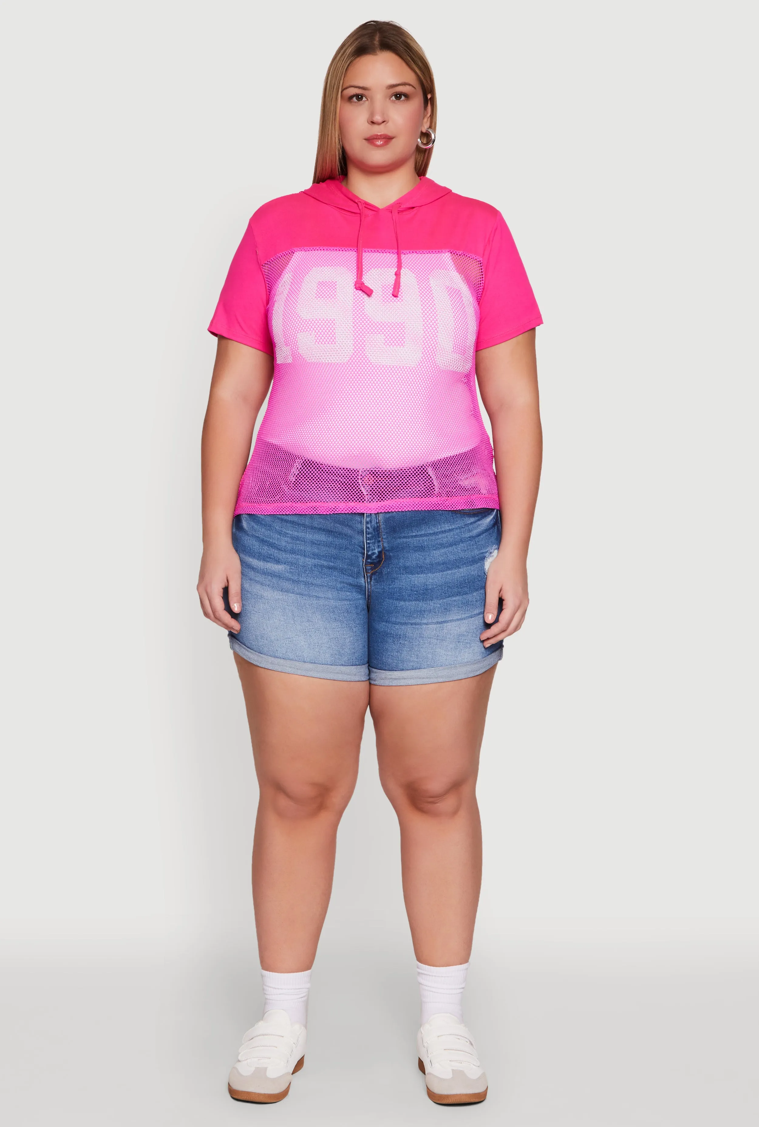 Plus Size 1990 Graphic Hooded Short Sleeve Fishnet Top sold by Rainbow product image thumbnail 3