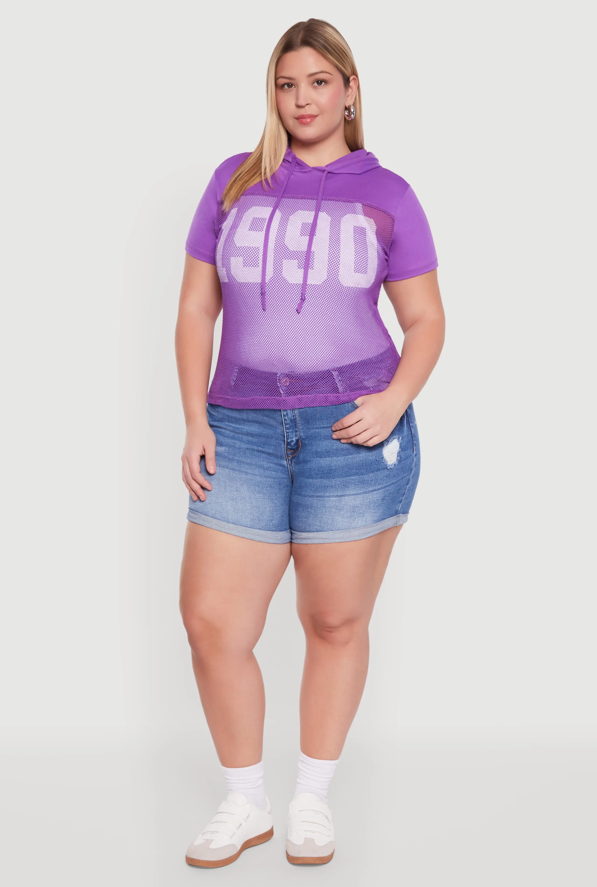 Plus Size 1990 Graphic Hooded Short Sleeve Fishnet Top sold by Rainbow product image thumbnail 5