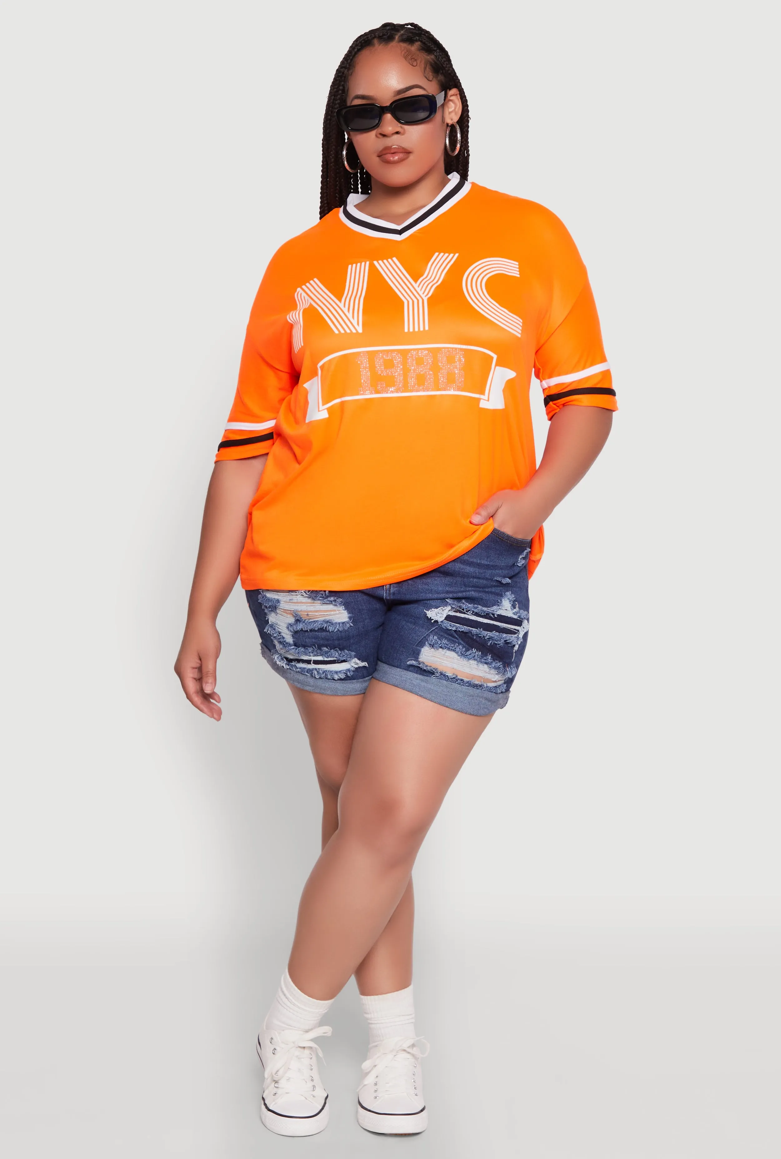 Plus Size NYC 1988 Rhinestone Varsity Stripe V Neck T Shirt sold by Rainbow product image thumbnail 4