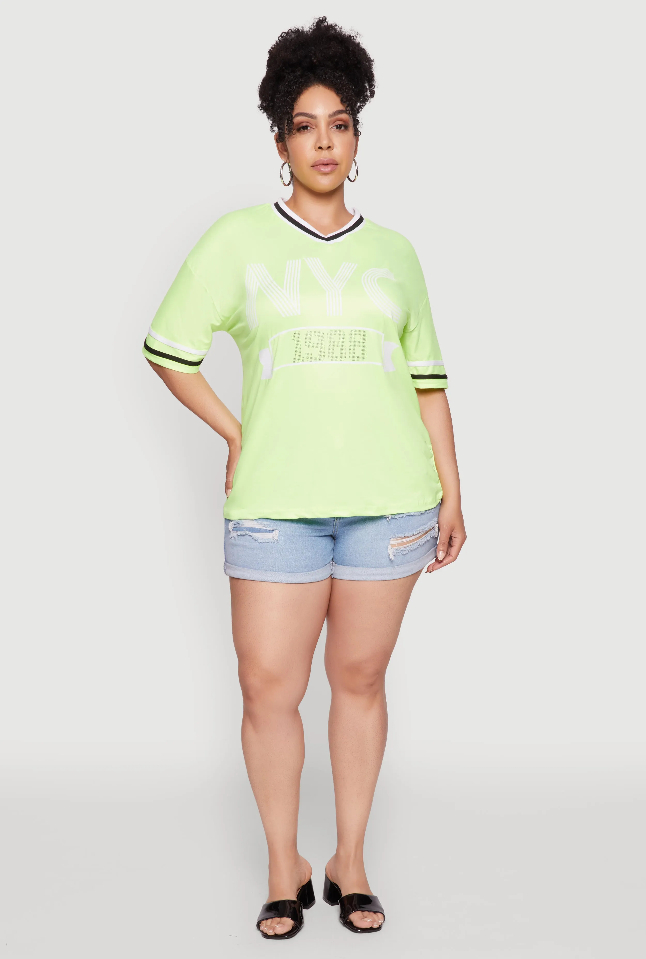 Plus Size NYC 1988 Rhinestone Varsity Stripe V Neck T Shirt sold by Rainbow product image thumbnail 2