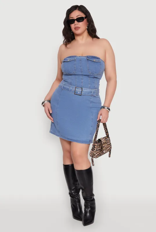 Plus Size Zip Back Belted Front Denim Mini Skirt sold by Rainbow