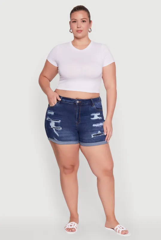 Plus Size WAX Patch and Repair Cuffed Denim Shorts sold by Rainbow