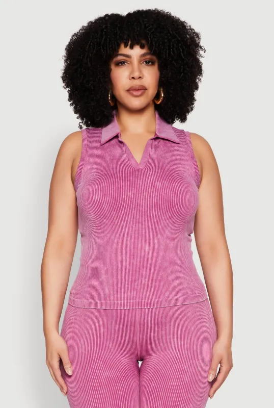 Plus Size Mineral Wash Ribbed Knit Johnny Collar Top sold by Rainbow