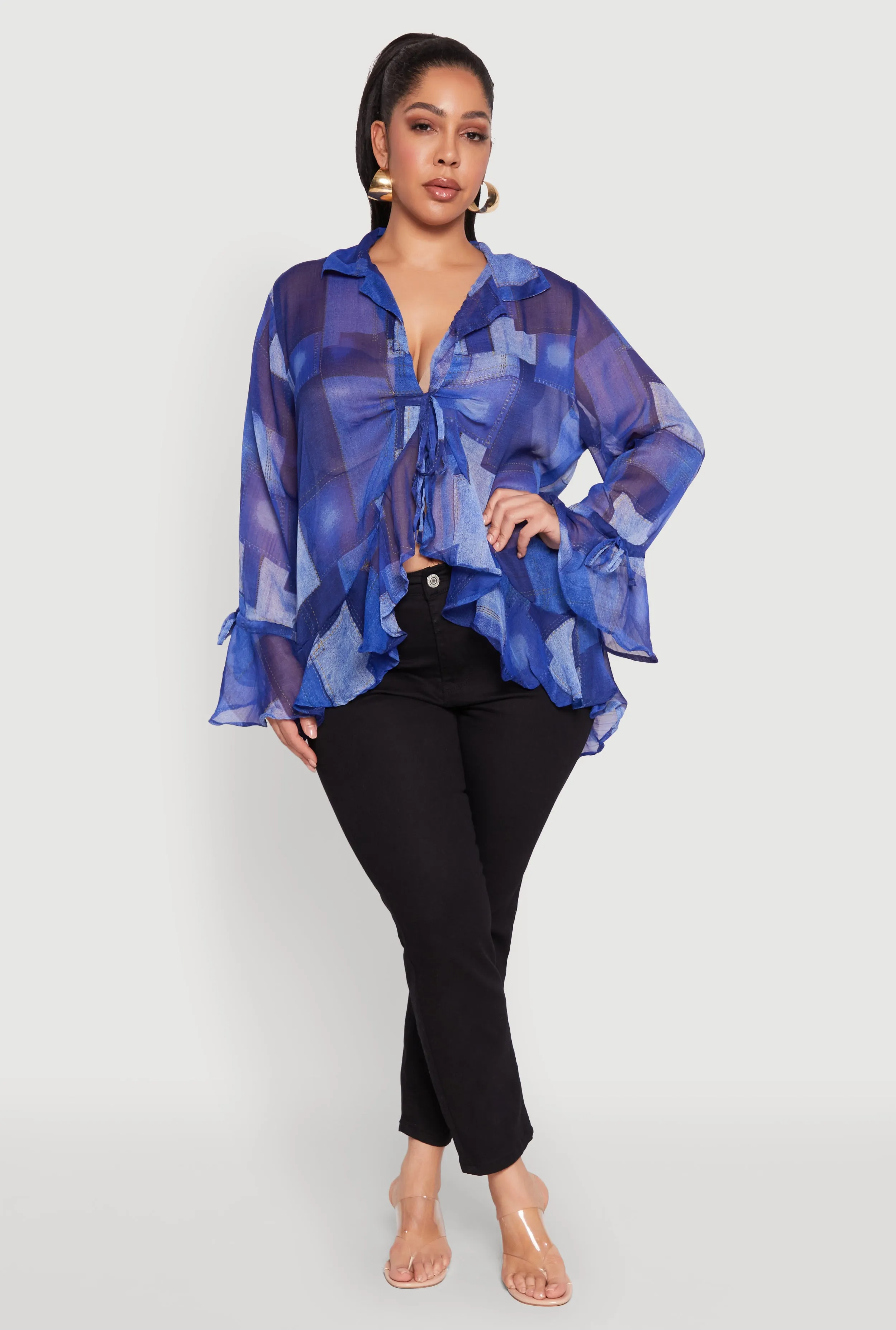 Plus Size Sheer Printed Ruffle Tie Front Top sold by Rainbow
