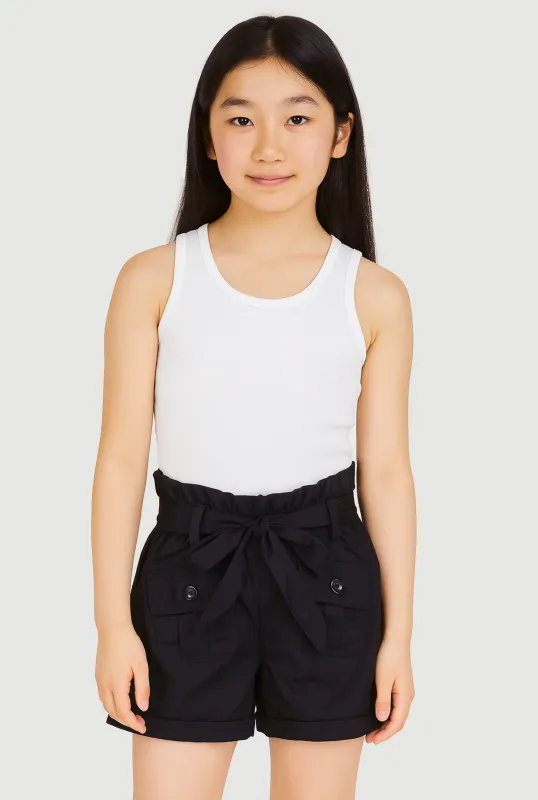 Girls Poplin Paper Bag Waist Cargo Shorts sold by Rainbow