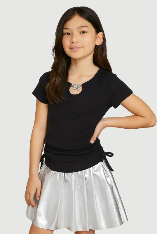 Girls Ribbed Knit Keyhole Tee and Faux Leather Pleated Skirt sold by Rainbow