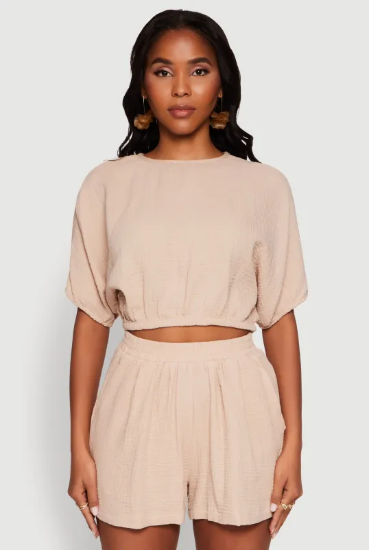 Chic Gauze Knit Crew Neck Cropped Blouse with Dolman Sleeves sold by Rainbow