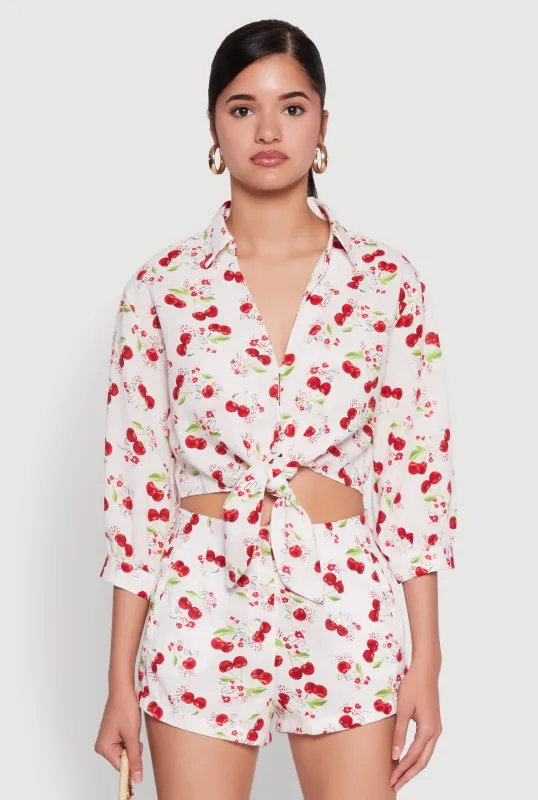 Haute Monde Cherry Print Tie Front Crop Top sold by Rainbow