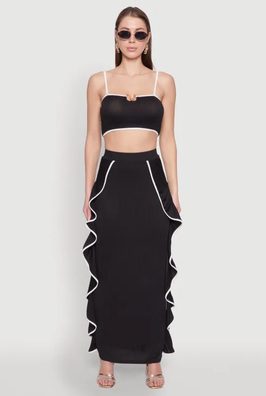 Contrast Trim Side Ruffle Maxi Skirt sold by Rainbow