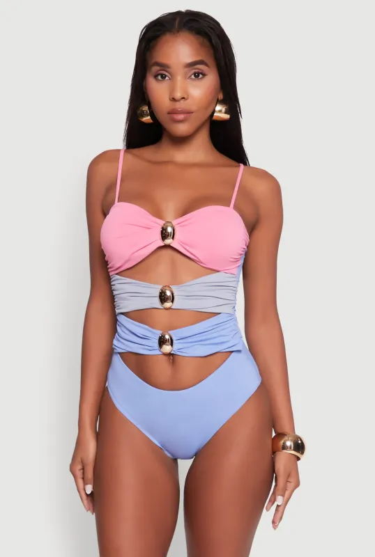 Stylish Color Blocked Metallic Detail One Piece Swimsuit sold by Rainbow