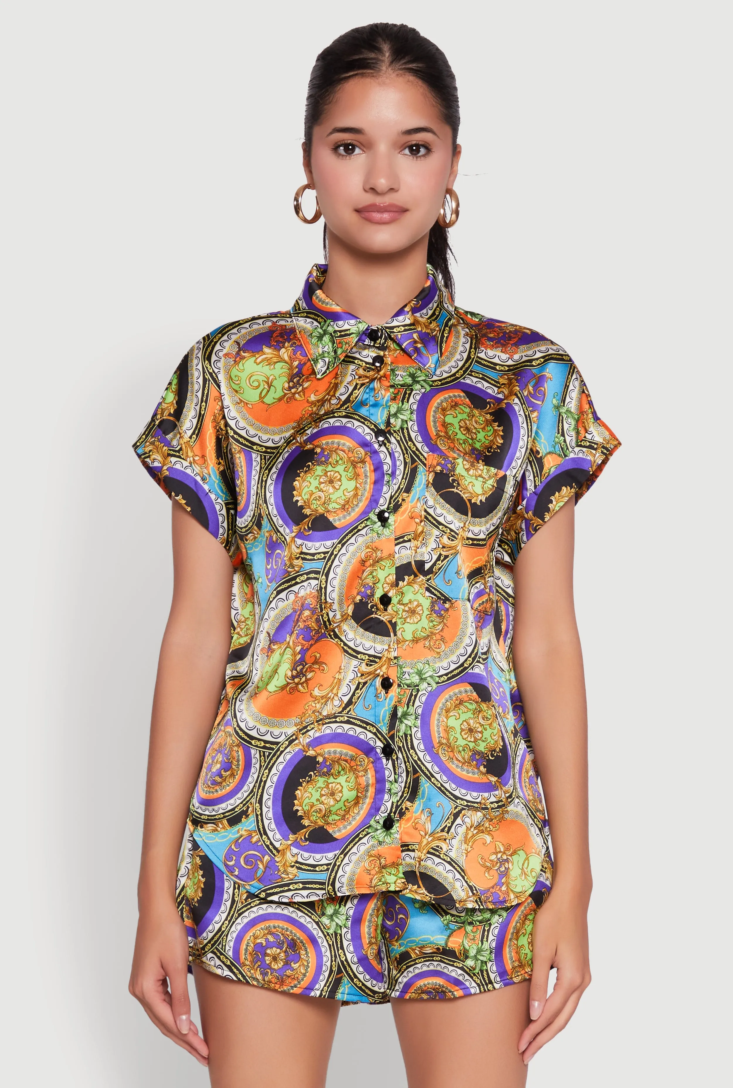 Trendy Status Print Short Sleeve Button Front Shirt sold by Rainbow